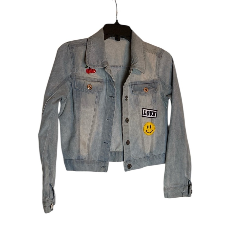 Chillipop Girls Light Blue Faded I Denim Jean Jacket with Patches Size 14/16